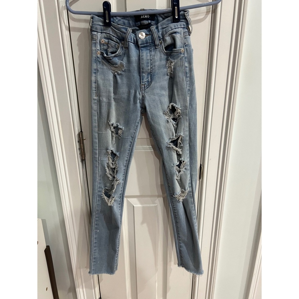 Aeropostale Aero Womens 00 High Rise Skinny Distressed Light Wash Jeans Raw Hem